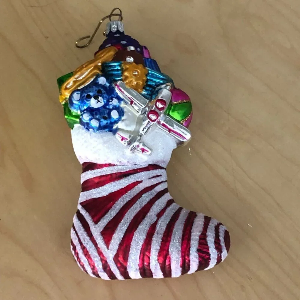 Vintage Christopher Radko Stocking with Presents Glass Ornament Plane Teddy Car